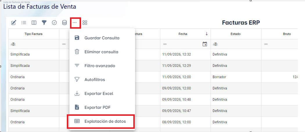 Explotación de Datos — acceso desde el menú de opciones de la lista