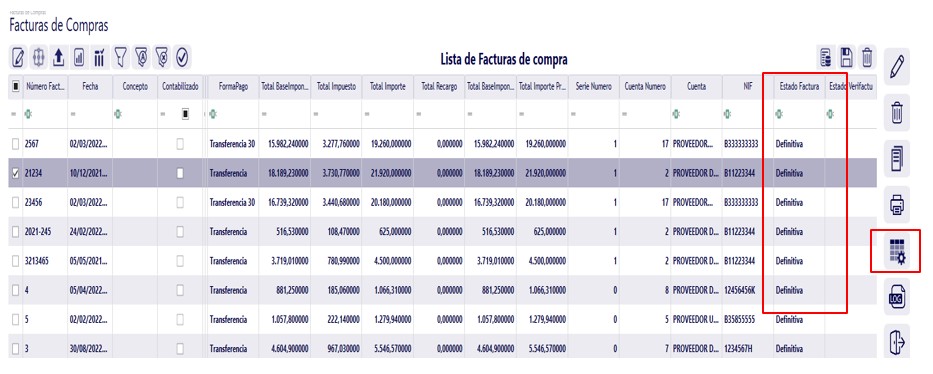 Botón cambio estado factura compra borrador a definitiva