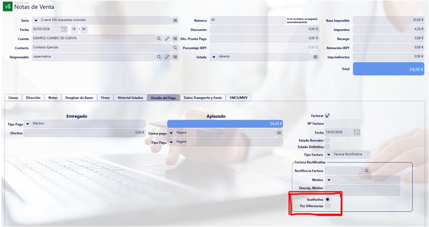 Factura rectificativa por diferencias desde nota de venta