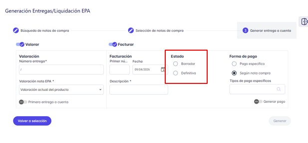Generación entrega a cuenta liquidación EPA borrador definitiva