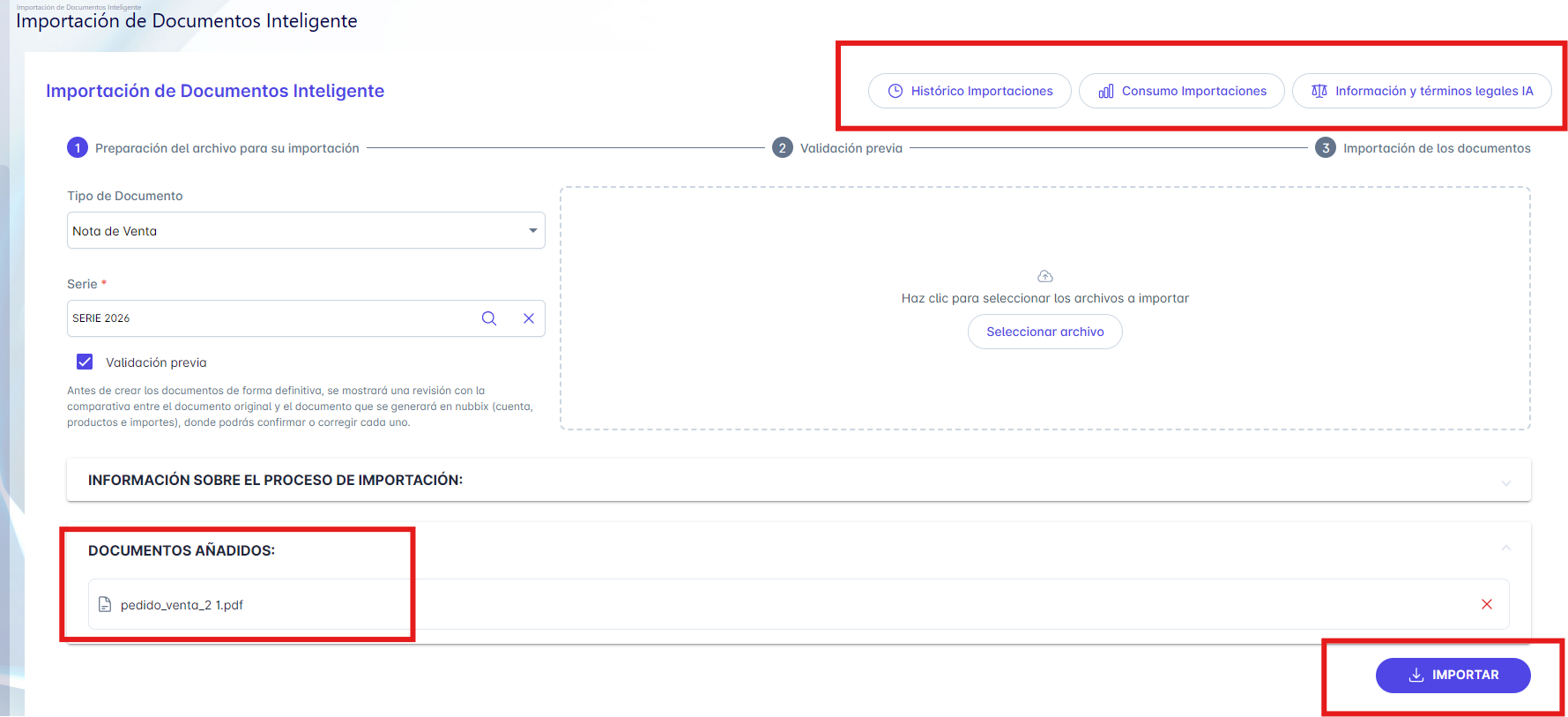 Importación de Documentos Inteligente — preparación del archivo y selección de documentos