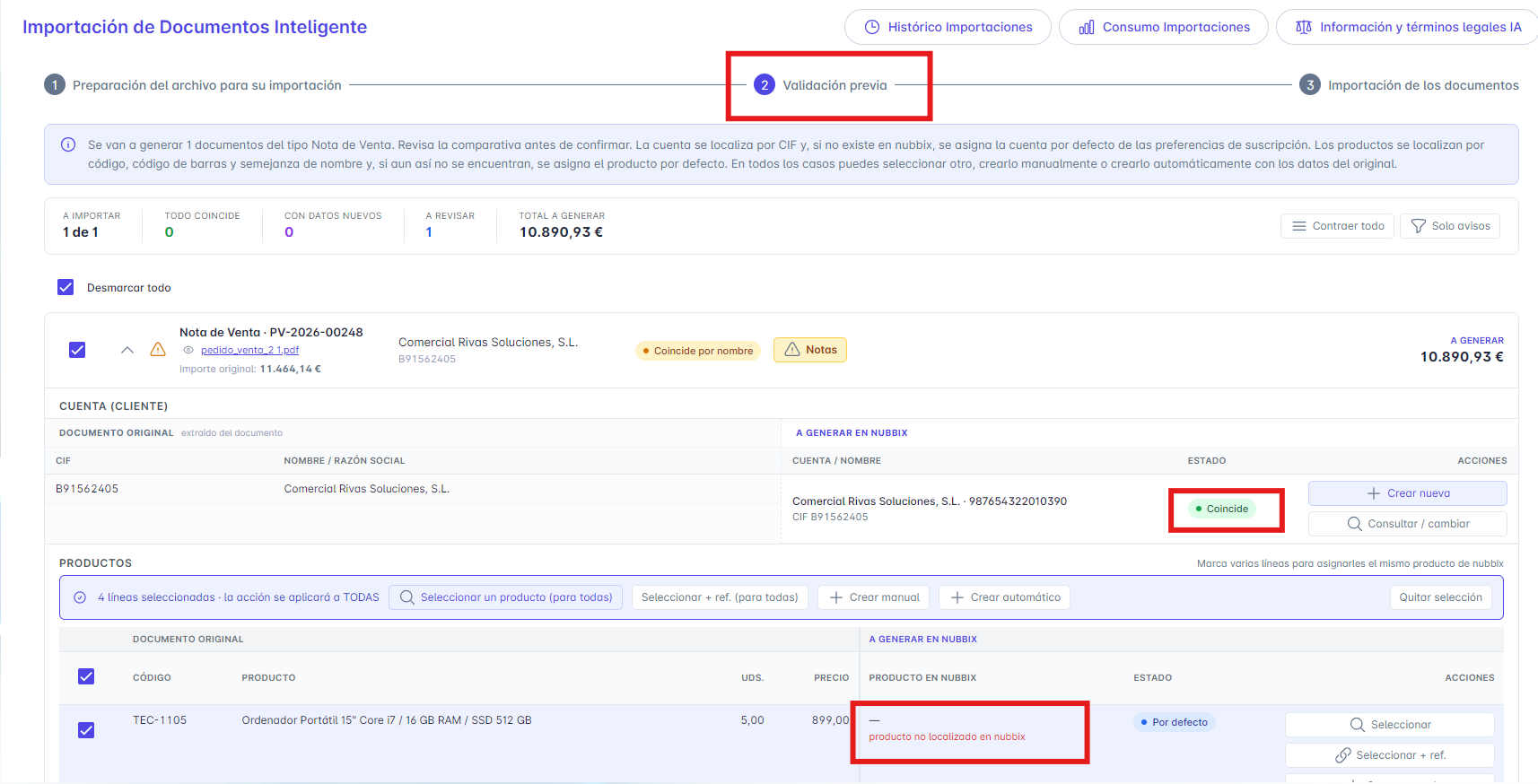 Validación previa — comparativa entre el documento original y el que se generará en nubbix