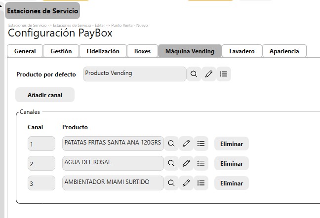 Configuración canales máquina vending PayBox