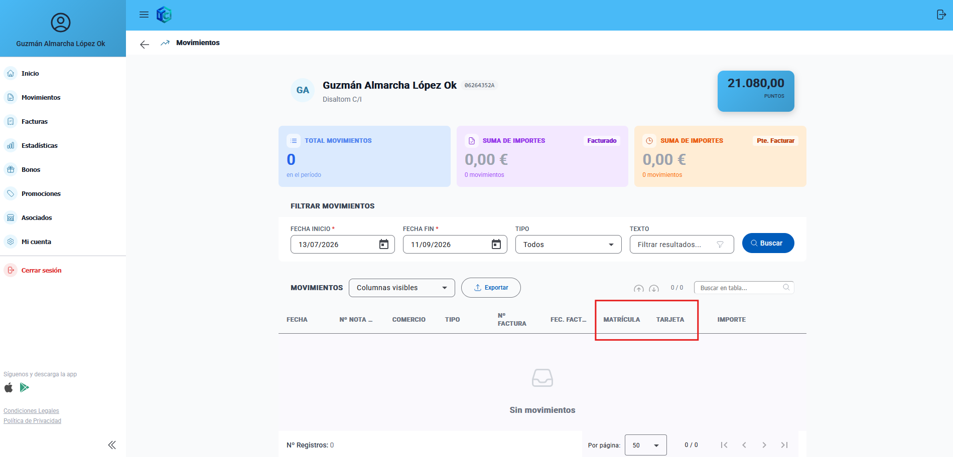 Columnas Matrícula y Tarjeta en la consulta de movimientos del Portal Colaborativo