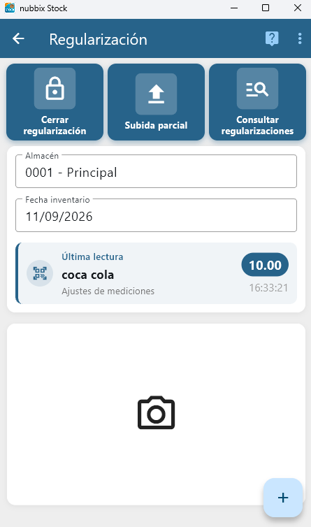 Pantalla de Regularización en la app nubbix Stock con el almacén, la fecha y la última lectura