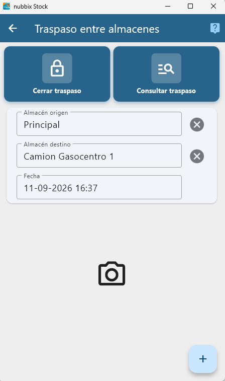 Pantalla de Traspaso entre almacenes en la app nubbix Stock con almacén origen, destino y fecha