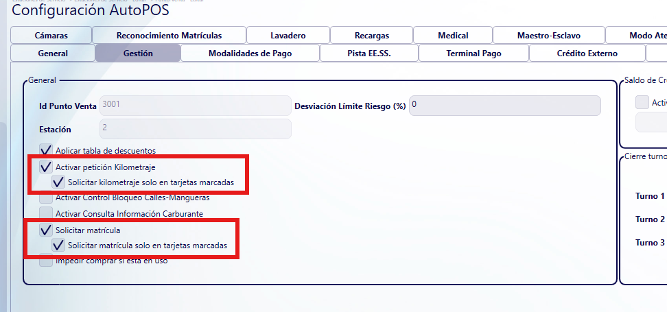 Opciones de petición de kilometraje y matrícula en la configuración del punto de venta